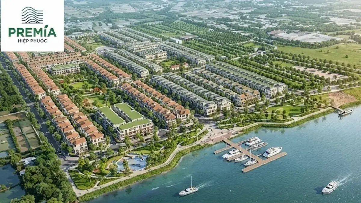 Đất Nền Hiệp Phước Premia Nhà Bè: Bảng Giá, Pháp Lý Sổ Đỏ & Đánh Giá 2026 | Phối cảnh tổng thể khu đô thị sinh thái đất nền Hiệp Phước Premia ven sông Soài Rạp