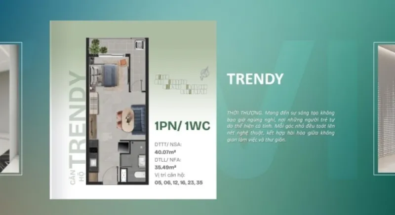 Chi tiết Layout căn hộ 1 Phòng ngủ (1PN và 1PN+1)