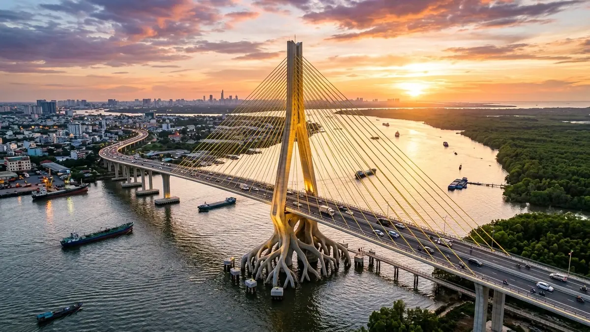 Tiến Độ Cầu Cần Giờ 2026: Vị Trí & Tác Động Giá Đất | Phối cảnh cầu dây văng Cầu Cần Giờ thiết kế hình cây đước bắc qua sông Soài Rạp