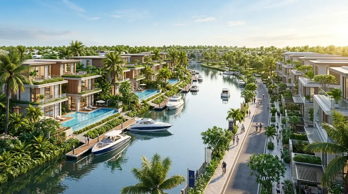 Dự Án Vinhomes Phước Vĩnh Tây Cần Giuộc: Quy Mô 1.089 ha & Bảng Giá 2026 | Văn Lực Land Phối cảnh phân khu biệt thự sinh thái ven sông Vinhomes Phước Vĩnh Tây Cần Giuộc