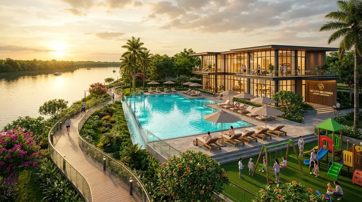 Dự Án T&T City Millennia Long Hậu: Bảng Giá, Vị Trí & Đánh Giá 2026 | Văn Lực Land Khu clubhouse sang trọng và hồ bơi vô cực ven sông tại đại đô thị T&T City Millennia - Văn Lực Land