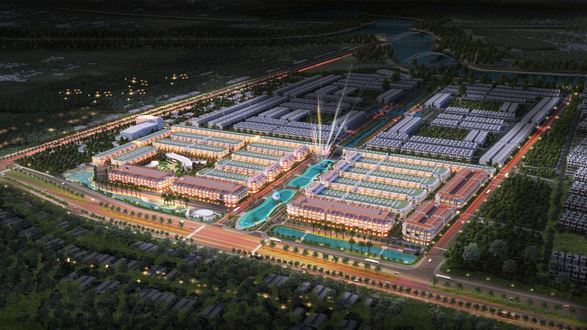 Dự Án The 826EC Long Hậu: Bảng Giá, Vị Trí & Pháp Lý Sổ Đỏ 2026 | Văn Lực Land Phối cảnh phố thương mại shophouse The 826EC Long Hậu rực rỡ ánh đèn ban đêm