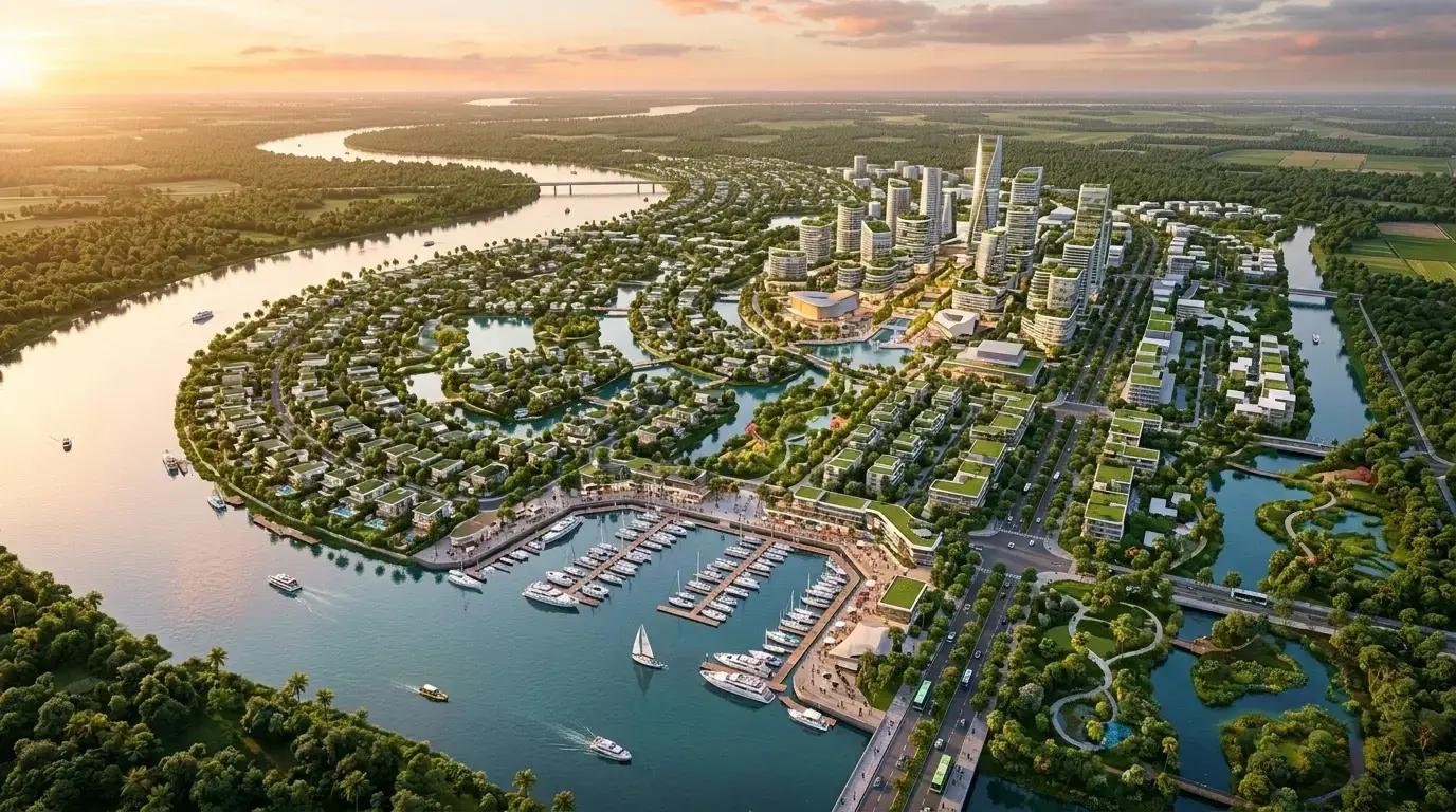 Dự Án Vinhomes Phước Vĩnh Tây Cần Giuộc: Quy Mô 1.089 ha & Bảng Giá 2026 | Văn Lực Land Phối cảnh tổng thể đại đô thị Vinhomes Phước Vĩnh Tây Cần Giuộc 1.089 ha