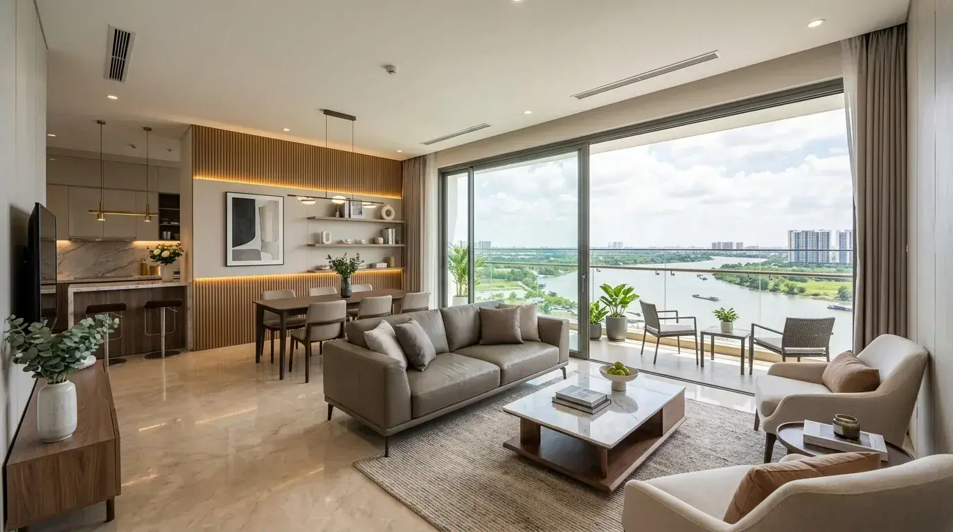 Dự Án Căn Hộ Khải Hoàn Prime Nhà Bè: Bảng Giá & Tiến Độ 2026 | Văn Lực Land Thiết kế nội thất căn hộ mẫu sang trọng view sông Khải Hoàn Prime Nhà Bè