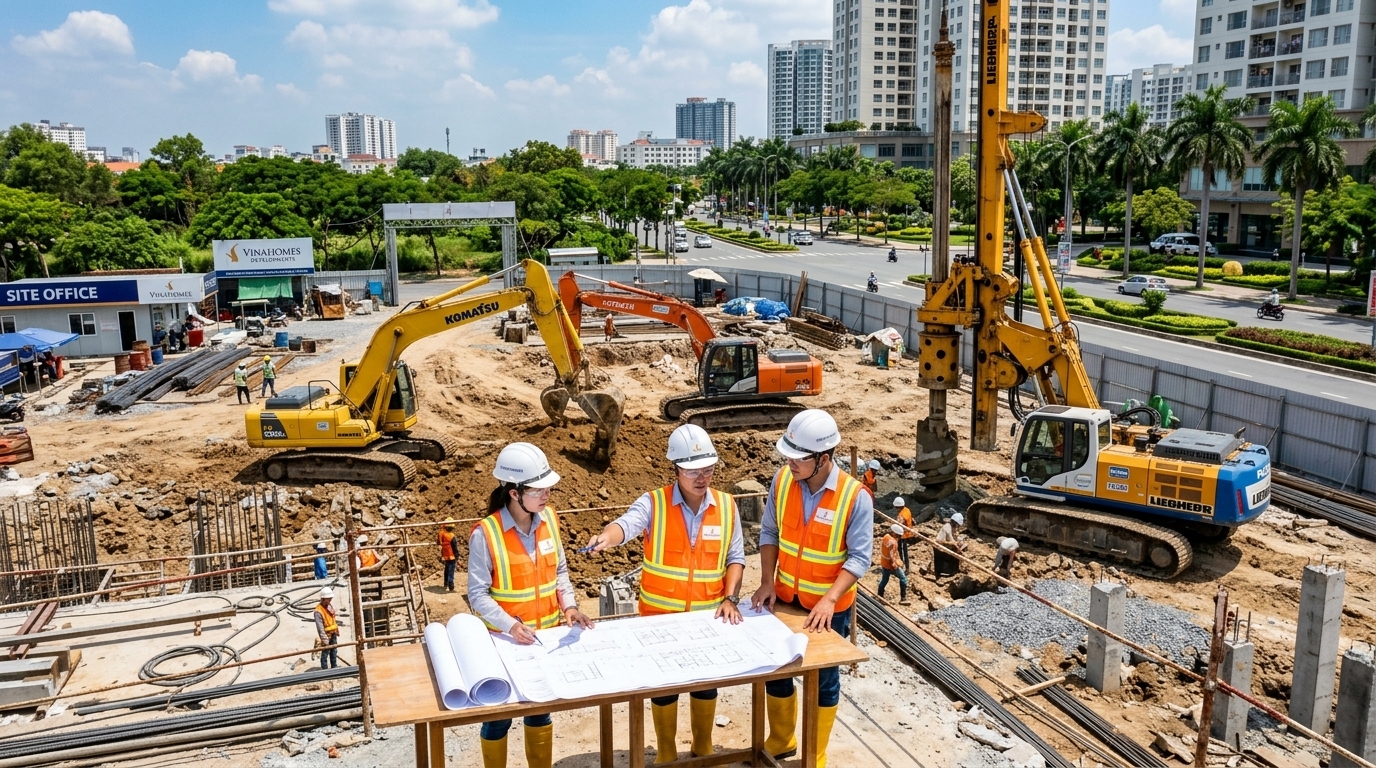 Tiến Độ TT Genesis Nhà Bè: Cập Nhật Xây Dựng & Lịch Thanh Toán Mới Nhất | Văn Lực Land Công trường thi công chuẩn bị móng cọc dự án TT Genesis đường Đào Sư Tích Nhà Bè 2026