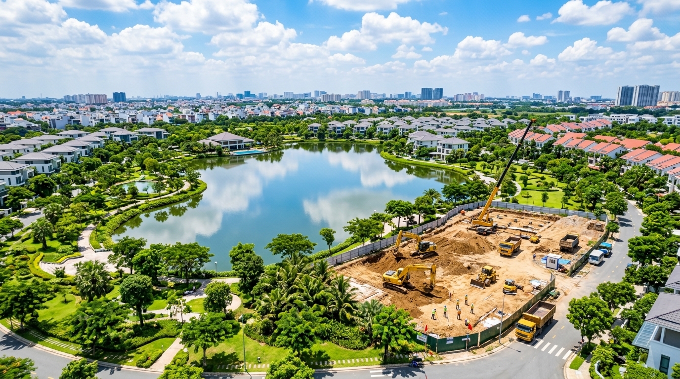 Tiến Độ Xây Dựng Arcadia at Lavila Nhà Bè: Cập Nhật Mới Nhất | Văn Lực Land Toàn cảnh hồ cảnh quan 4ha và công trường thi công căn hộ Arcadia at Lavila 2026