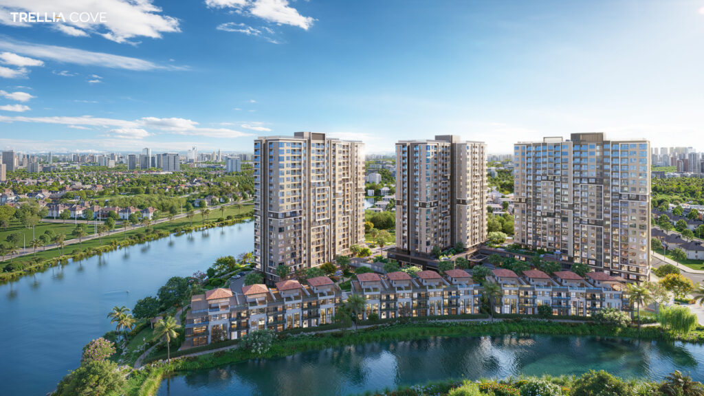 Tiến Độ & Tiềm Năng Đầu Tư Trellia Cove Mizuki Park: Phân Khu Compound Ven Sông Cuối Cùng | Văn Lực Land Phối cảnh 3 tòa tháp căn hộ ven sông Trellia Cove Nam Long